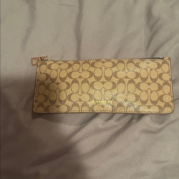 Coach Handbags - Coach Khaki Signature Zip Wallet with Gold Logo